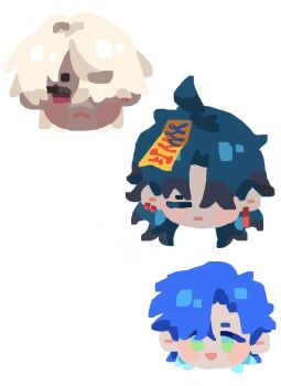 Rule 34 | 33yun, :<, :d, blonde hair, blue hair, character request, closed eyes, commentary, dark skin, english commentary, green eyes, head only, honkai: star rail, honkai (series), jiangshi, multiple boys, open mouth, simple background, smile, white background