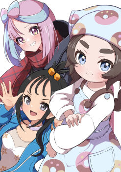 3girls absurdres ansha_(pokemon) apron black_hair black_jacket blue_eyes blue_hair blue_jacket breasts brown_eyes brown_hair child commentary_request cube_hair_ornament hair_ornament happy headscarf highres iono_(pokemon) jacket lida_(pokemon) looking_at_viewer medium_breasts multicolored_hair multiple_girls nintendo open_clothes open_mouth pink_hair pokemon pokemon_legends:_z-a pokemon_sv red_scarf rono_(lethys) scarf shirt simple_background smile teeth two-tone_hair white_background white_shirt