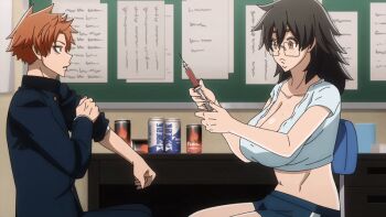 1girl 2025 20s age_difference aki_mary animated animated_gif black_hair breasts cleavage curvy doctor door female_focus freckles freckles_on_breasts glasses gym_shorts huge_breasts ichinose_shiki_(tougen_anki) lips medium_hair mole mole_under_eye needle no_bra older_female_and_younger_male orange_hair sagging_breasts school_uniform shorts tagme tall_female thick_eyebrows thick_lips thick_thighs thighs tougen_anki yellow_eyes