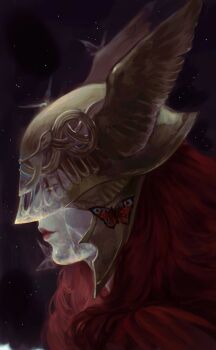 1girl absurdres black_background bug butterfly commentary covered_eyes elden_ring english_commentary evigilatio from_side helmet helmet_over_eyes highres insect iridescent lips long_hair malenia_blade_of_miquella pale_skin portrait profile red_hair solo sparkle winged_helmet yellow_eyes