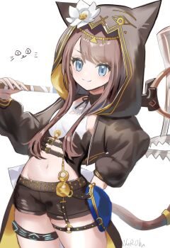 Rule 34 | 1girl, absurdres, animal ear hood, animal ears, animal hood, arknights, artist name, black shorts, blue eyes, brown hair, brown tail, cat ears, cat girl, cat hood, cat tail, commentary request, ears under headwear, fake animal ears, flower, gold, hammer, highres, holding, holding hammer, holding weapon, hood, hood up, hooded jacket, horobu, infection monitor (arknights), jacket, long hair, looking at viewer, navel, o-ring, o-ring thigh strap, pepe (arknights), shirt, short shorts, shorts, simple background, sleeveless, sleeveless shirt, smile, solo, tail, tail ornament, thigh strap, weapon, white background, white flower