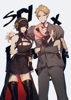 1boy 2girls adoptive_parent_and_adoptive_child anya_(spy_x_family) asymmetrical_gloves black_eyes black_gloves black_hair black_thighhighs blonde_hair breasts carrying carrying_person child cleavage commentary dress father_and_daughter fingerless_gloves gloves gold_hairband hairband hairpods high-low_dress highres hover_hand husband_and_wife large_breasts mother_and_daughter multiple_girls pink_hair red_eyes sera_(serappi) sidelocks spy_x_family thighhighs twilight_(spy_x_family) two-sided_dress two-sided_fabric yor_briar