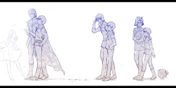 1girl 2boys adjusting_eyewear age_progression aged_up amuro_ray bare_shoulders belt bindi boots cape char's_counterattack char_aznable double_bun dress gloves gundam hair_bun haro helmet holding_hands lalah_sune letterboxed military military_uniform mobile_suit_gundam monochrome multiple_boys multiple_persona quattro_bajeena short_hair soukuu_kizuna sunglasses zeta_gundam