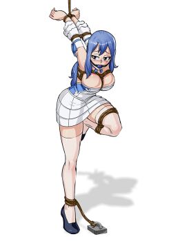 1girl ball_gag bare_arms bare_shoulders bdsm black_background blue_eyes blue_hair blush bondage bound breast_bondage breasts cleavage detached_sleeves fairy_tail female_focus gag juvia_lockser long_hair matching_hair/eyes miniskirt simple_background sketchlanza skirt solo standing standing_on_one_leg strappado thighhighs white_thighhighs zettai_ryouiki