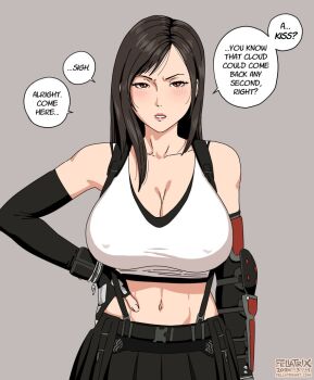 1girl black_hair breasts covered_erect_nipples crop_top facing_viewer fellatrix female_focus final_fantasy final_fantasy_vii grey_background hand_on_own_hip large_breasts looking_at_viewer navel red_eyes reluctant solo speech_bubbles talking tifa_lockhart