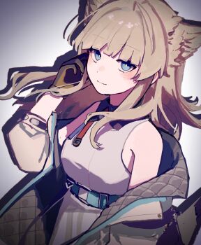 1girl animal_ears arknights arknights:_endfield bare_shoulders belt black_gloves black_jacket blue_belt blue_eyes bright_pupils brown_hair closed_mouth coffee_toranpu commentary_request dress drop_shadow gloves grey_background grey_dress grey_jacket hand_in_own_hair high_belt highres jacket light_smile long_hair looking_at_viewer perlica_(arknights) sleeveless sleeveless_dress solo two-sided_fabric two-sided_jacket upper_body white_pupils