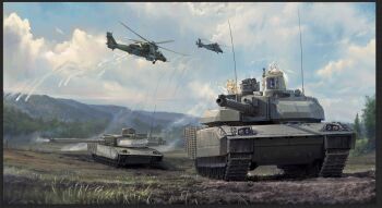 Rule 34 | 2girls, aircraft, arm up, armored vehicle, attack helicopter, blonde hair, caterpillar tracks, chinese commentary, cloud, cloudy sky, commentary, cotact147, crossed arms, day, eurocopter tiger, flare, helicopter, highres, landscape, leclerc (tank), military, military vehicle, motor vehicle, multiple girls, original, outdoors, scenery, sky, tank, tank turret