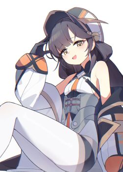 1girl absurdres arm_support bare_shoulders bell black_gloves black_hair black_survival breasts corset eternal_return:_black_survival gloves hand_to_head hat hat_bell highres jacket jambujok jingle_bell li_dailin li_dailin_(cadet) light_blush long_hair long_sleeves off_shoulder official_alternate_costume open_mouth pantyhose simple_background sitting sleeveless small_breasts solo white_background white_pantyhose yellow_eyes