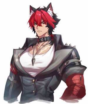 1boy absurdres animal_ears black_choker black_hair black_jacket choker closed_mouth commentary_request covered_pectorals cropped_torso ear_piercing highres jacket jewelry komano_manato konsai_2 large_pectorals looking_at_viewer male_focus multicolored_hair multiple_scars muscular muscular_male necklace partially_open_jacket pectorals piercing red_hair scar scar_on_chest scar_on_face shirt simple_background solo spiked_jacket white_background white_shirt zenless_zone_zero