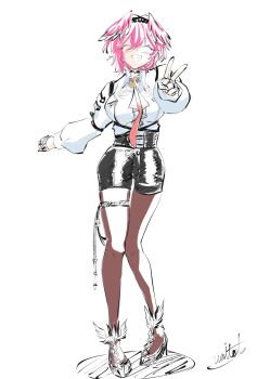 1girl black_gloves blush breasts choker commentary_request fingerless_gloves full_body gloves hairband head_wings high-waist_shorts highres hololive large_breasts long_sleeves necktie pantyhose parted_lips pink_hair red_necktie shirt short_hair shorts sketch smile solo takane_lui takane_lui_(1st_costume) teeth united0238 v virtual_youtuber whip white_shirt wings