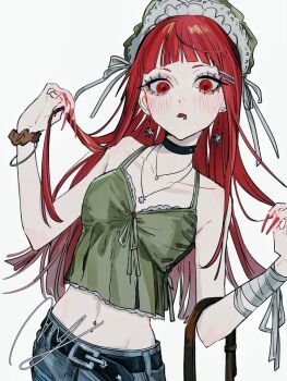 1girl alternate_costume bandaged_arm bandages bare_shoulders belt belt_buckle black_belt black_choker blue_pants blunt_bangs blush bracelet buckle choker collarbone commentary_request cowboy_shot crop_top denim dutch_angle earrings face_piercing fingernails frilled_hairband frills green_shirt hair_ornament hairband hairclip hands_up holding holding_own_hair jeans jewelry lace lace-trimmed_shirt lace_trim long_hair looking_at_viewer midriff momotamago mouth_piercing nail_polish navel navel_piercing necklace open_mouth pants parallel_hairclips persona persona_3 piercing red_eyes red_hair red_nails ribbon scrunchie sharp_fingernails shirt signature sleeveless sleeveless_shirt solo spaghetti_strap star_(symbol) star_earrings very_long_fingernails white_ribbon wrist_scrunchie yoshino_chidori