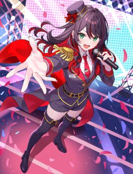 1girl absurdres black_boots black_hair boots collared_shirt colored_inner_hair floating_hair from_below full_body green_eyes hat highres hizuki_yui holding holding_microphone long_hair long_sleeves looking_at_viewer microphone mini_hat mini_top_hat multicolored_hair necktie neo-porte open_mouth reaching reaching_towards_viewer red_hair red_necktie shirt stage standing sunamama4788 teeth thigh_boots top_hat virtual_youtuber white_shirt