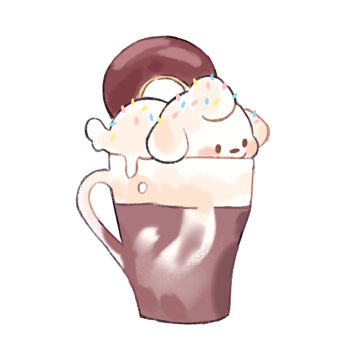 animal_focus blush brown_eyes coffee commentary cup dog donut english_commentary food food-themed_creature food_focus mjoyart no_humans original simple_background smile solo sprinkles whipped_cream white_background