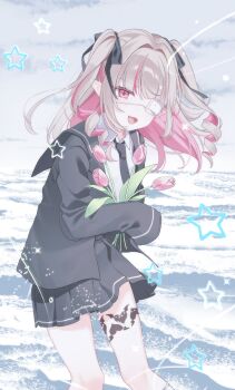 Rule 34 | 1girl, :3, absurdres, blazer, blue jacket, blue necktie, blue ribbon, blue sailor collar, blue skirt, blush, collared shirt, colored inner hair, commentary request, drill hair, eyepatch, fangs, feet out of frame, flower, grey hair, hair intakes, hair ribbon, highres, holding, holding flower, jacket, lapels, leaning forward, leg tattoo, long hair, long sleeves, looking at viewer, makaino ririmu, medical eyepatch, miniskirt, monitoring (vocaloid), multicolored hair, necktie, nijisanji, njuzu, notched lapels, ocean, official alternate costume, official alternate hairstyle, open clothes, open jacket, open mouth, pink flower, pink hair, pink streaks, pink tulip, pleated skirt, pointy ears, red eyes, ribbon, sailor collar, school uniform, shirt, sidelocks, skirt, sleeves past fingers, sleeves past wrists, socks, solo, sparkle, splashing, standing, star (symbol), streaked hair, tattoo, tulip, two-tone hair, two side up, virtual youtuber, waves, white shirt, white socks, wind, winged heart, winged heart tattoo