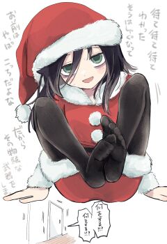 1girl bags_under_eyes black_hair black_pantyhose blush christmas commentary_request dress feet green_eyes hair_between_eyes hat highres jimiko kuroki_tomoko long_hair looking_at_viewer messy_hair nuka_(nukamochi) open_mouth pantyhose red_dress santa_costume santa_dress santa_hat sitting solo translation_request watashi_ga_motenai_no_wa_dou_kangaetemo_omaera_ga_warui!