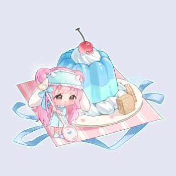 Rule 34 | 1girl, :o, animal ears, animal slippers, ankle socks, aqua outline, artist name, blue bow, blue dress, blue mask, blue ribbon, blush, bow, brown eyes, cherry, chibi, chinese commentary, collared dress, commentary request, double bun, dream-weaving lamb (shining nikki), dress, eyelashes, fake animal ears, food, frills, fruit, gelatin, grey background, hair bun, heart, highres, holding, holding spoon, horned mask, horns, lanlan zhi jiabing, light particles, long hair, long sleeves, looking to the side, mask, mask on head, messy hair, napkin, nikki (nikki), nikki (series), outline, oversized food, oversized object, parted lips, pink hair, plate, pleated dress, polka dot, polka dot dress, ribbon, sheep ears, sheep horns, shining nikki, simple background, sleep mask, slippers, small horns, socks, solo, spoon, standing, tareme, very long hair, wafer, whipped cream, white horns, white slippers, white socks