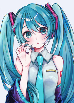 1girl aqua_eyes aqua_hair aqua_necktie aqua_trim arm_tattoo black_collar blush closed_mouth collar collarbone collared_shirt commentary_request detached_sleeves hair_between_eyes hair_ornament hand_on_own_chest hatsune_miku headphones headset highres long_hair long_sleeves looking_at_viewer necktie nekokan_(awao_o) number_tattoo open_mouth shirt sleeveless sleeveless_shirt smile solo tattoo upper_body very_long_hair vocaloid wide_sleeves