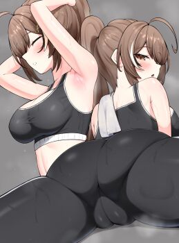 1girl absurdres ahoge alternate_costume armpits arms_up ass black_pants black_sports_bra black_streaks breasts brown_eyes brown_hair cameltoe cleavage closed_eyes grey_background highres hololive hololive_english linea_alba lying medium_breasts nanashi_mumei nobarts on_stomach open_mouth pants parted_lips simple_background sports_bra sweat towel virtual_youtuber white_streaks yoga_pants