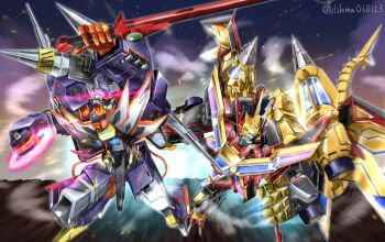 2boys armor assault_visor cannon drill drill_tank full_armor full_powered_gridknight gattai glowing glowing_eye gridknight_(ssss.gridman) gridknight_calibur gridman_(character) gridman_(ssss) gridman_universe gridman_universe_(movie) gridman_universe_fighter helmet highres holding holding_sword holding_weapon horns mecha mechanical_wings multiple_boys no_humans non-humanoid_robot open_hand open_hands robot robot_animal rogue_kaiser_gridman science_fiction shimashun shoulder_cannon ssss.dynazenon ssss.gridman super_robot sword tail tokusatsu v-fin weapon wheel wings yellow_eyes