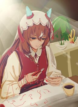 1girl alternate_costume animal_ears bow brown_hair coffee coffee_mug commentary_request cup ear_covers ear_ribbon hair_between_eyes highres horse_ears horse_girl long_hair long_sleeves mug multicolored_hair pakarappakaratt partial_commentary pinching red_eyes red_vest shirt sitting solo still_in_love_(umamusume) streaked_hair string string_of_fate umamusume veil vest white_hair white_shirt white_streaks white_veil