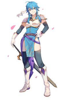 1girl absurdres ahoge armor belt blue_hair boots breastplate breasts brooch cherry_blossoms commission commissioner_upload elbow_gloves fire_emblem fire_emblem:_genealogy_of_the_holy_war gloves hand_on_own_hip headband highres if_they_mated jewelry larcei_(fire_emblem) looking_at_viewer nintendo original pelvic_curtain popped_collar purple_eyes sash seliph_(fire_emblem) sheath sheathed short_hair shoulder_armor sidelocks simple_background sleeveless smile solo standing sword thighhighs tomboy tunic weapon white_background white_headband yusi_vishnu