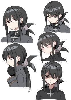 Rule 34 | 1girl, absurdres, black choker, black eyes, black gloves, black hair, black shirt, choker, collared shirt, commentary request, cropped torso, gloves, grey jacket, hand up, highres, jacket, long hair, long sleeves, multiple views, original, piripun, shirt, simple background, upper body, white background