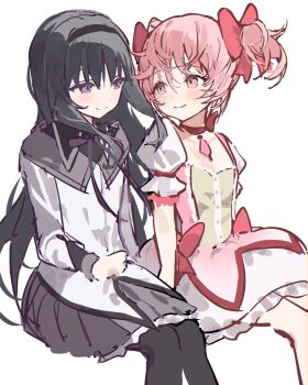 2girls akemi_homura akemi_homura_(magical_girl) black_hair black_pantyhose blush bow bowtie bubble_skirt capelet choker collarbone dodosaae dress_ribbon hair_ribbon hairband highres kaname_madoka kaname_madoka_(magical_girl) layered_sleeves long_hair looking_at_another magical_girl mahou_shoujo_madoka_magica multiple_girls pantyhose pink_hair puffy_short_sleeves puffy_sleeves purple_eyes ribbon shirt short_hair short_sleeves short_twintails sitting skirt smile soul_gem twintails white_background white_shirt