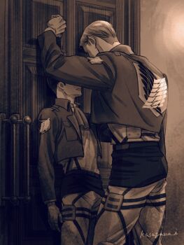 2boys against_door arm_support artist_name ascot brown_theme commentary_request door erwin_smith highres jacket kasagana_i layered_sleeves levi_(shingeki_no_kyojin) long_sleeves male_focus multiple_boys pants paradis_military_uniform parted_lips shingeki_no_kyojin shirt shirt_tucked_in short_hair sideburns standing thigh_strap yaoi