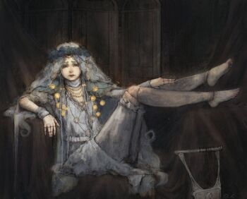 Rule 34 | 1girl, artist name, barefoot, blue capelet, blue eyes, braid, capelet, doll joints, dress, elden ring, elden ring nightreign, feet, feet up, flower wreath, frills, hand on own leg, hashtag-only commentary, head wreath, highres, instrument, jewelry, joints, legs up, long hair, low twin braids, lyre, oalu li, revenant (elden ring), signature, sitting, solo, twin braids, veil, white dress, white hair, white veil, wide sleeves, wrist cuffs