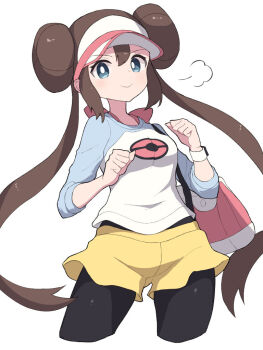 1girl bag black_pantyhose blue_eyes blush breasts brown_hair closed_mouth commentary_request cropped_legs donut_hair_bun double_bun hair_bun hat hiyoshipow long_hair looking_at_viewer nintendo pantyhose pantyhose_under_shorts poke_ball_print pokemon pokemon_bw2 raglan_sleeves rosa_(pokemon) shirt shorts shoulder_bag simple_background smile solo twintails visor_cap white_background xtransceiver yellow_shorts
