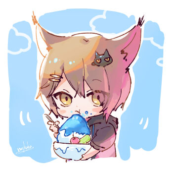 Rule 34 | 1boy, :t, animal ear fluff, animal ears, arknights, black hoodie, blue background, blush stickers, bowl, brown eyes, brown hair, chibi, closed mouth, cropped torso, drawstring, eyes visible through hair, food, food on face, hair ornament, hair over one eye, hairclip, highres, holding, holding bowl, holding spoon, hood, hood down, hoodie, male focus, motion lines, myluche, phantom (arknights), shaved ice, signature, solo, spoon, tragodia (arknights), upper body