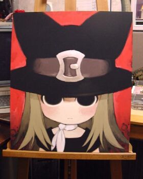 1girl animal_ear_headwear animal_ears archived_source black_eyes black_sleeves blush buckle cat_ears cat_girl closed_mouth commentary crew_neck expressionless fake_animal_ears hat hat_with_ears long_hair looking_at_viewer lowres medium_request neckerchief nekomimi_no_nakuza no_nose photo_(medium) solo straight_hair tanaka_kunihiko traditional_media upper_body white_neckerchief