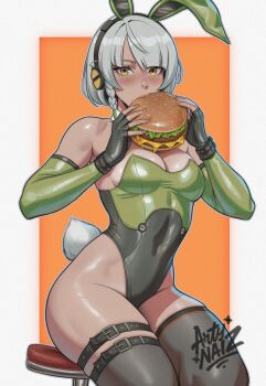 alternate_skin_color anby_demara animal_ears artist_name artynaiz belt_buckle black_gloves black_thighhighs border braid breasts buckle burger dark-skinned_female dark_skin fake_animal_ears fake_tail fingerless_gloves food gloves grey_hair headphones highres holding holding_burger holding_food leotard looking_at_viewer medium_breasts orange_background playboy_bunny rabbit_tail signature sitting stool strapless strapless_leotard tail tan thighhighs white_border zenless_zone_zero