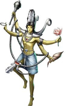 1boy abs anklet artist_request black_hair bracelet chakram colored_skin conch demon_(megami_tensei) extra_arms flower gada_(mace) green_eyes highres holding holding_flower holding_mace holding_shell holding_weapon jewelry kaumodaki lotus mace official_art padma_(vishnu) panchajanya persona persona_5 persona_5:_the_phantom_x pink_flower seashell shankha shell shin_megami_tensei solo sudarshana_chakra third-party_source transparent_background vishnu_(megami_tensei) weapon yellow_skin