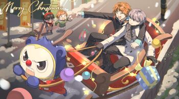 Rule 34 | > <, 2boys, 2girls, :d, amagi yukiko, antlers, arm around neck, black gloves, black jacket, black pants, black scarf, blurry, blurry background, box, buttons, christmas, christmas present, clenched hand, closed eyes, coat, commentary request, double-breasted, full body, gift, gift box, gloves, grey eyes, grey hair, hanamura yousuke, headphones, headphones around neck, highres, horns, jacket, kuma (persona 4), laughing, long sleeves, looking at another, merry christmas, multiple boys, multiple girls, narukami yu, open mouth, orange hair, outstretched arm, pants, persona, persona 4, pointing, pointing at another, qianyewuli, reindeer antlers, satonaka chie, scarf, school uniform, short hair, sleigh, smile, snowing, white coat, yasogami school uniform