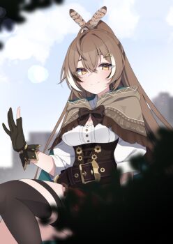 Rule 34 | 1girl, ahoge, black gloves, black streaks, bow, breasts, brown bow, brown cloak, brown corset, brown eyes, brown hair, cleavage, cloak, closed mouth, commentary, corset, feather hair ornament, feathers, gloves, hair ornament, hairclip, hieroglyphics, highres, hololive, hololive english, kneehighs, long hair, looking at viewer, medium breasts, multicolored hair, nanashi mumei, nanashi mumei (1st costume), outdoors, partially fingerless gloves, ponytail, runes, shirt, single kneehigh, single sock, smile, socks, solo, streaked hair, valefal coneri, very long hair, virtual youtuber, white shirt, white streaks