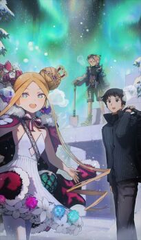 +_+ 1boy 2girls :d abigail_williams_(fate) abigail_williams_(santa)_(fate) aqua_eyes aurora bag black_hair black_jacket blonde_hair boots bow breasts brown_eyes brown_hair brown_pants cloak commentary_request double_bun dress fate/grand_order fate_(series) fur-trimmed_cloak fur_trim game_cg green_boots green_shorts hair_bow hair_bun hat holding holding_bag holding_shovel inamori_ryusa jacket long_sidelocks long_sleeves multiple_girls multiple_hair_bows official_art open_mouth outdoors pants pantyhose red_cloak shizuki_soujuurou short_dress short_hair shorts shovel sidelocks sleeveless sleeveless_dress small_breasts smile snow snowing standing strapless strapless_dress third-party_source van_gogh_(fate) van_gogh_(miner)_(fate) very_long_sidelocks white_dress white_pantyhose zipper