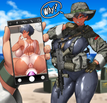 1girl 1other absurdres ammunition_pouch analog_clock anus assault_rifle beach black_hair black_wetsuit blue_sky blush boonie_hat breasts brown_gloves camouflage_headwear chest_rig clock closed_mouth cloud cowboy_shot daewoo_k1 dildo dildo_riding english_text fang fingernails from_behind gloves gun gun_sling hand_on_own_hip hand_up highres hitch_(perotoss) indoors juxtaposition korean_text large_breasts laser_sight long_sleeves looking_at_viewer military ocean optical_sight original outdoors paid_reward_available pouch pov pov_hands rifle sergeant_joo sex_toy short_hair shrug_(clothing) skin_fang sky sleeves_rolled_up slit_pupils speech_bubble sweat tan tanline vertical_foregrip viewer_holding_phone weapon wet yellow_eyes