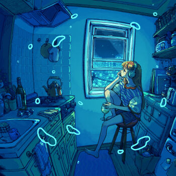 Rule 34 | 1girl, absurdres, bag, barefoot, black shorts, bottle opener, brown hair, cabinet, cable, cellphone, city lights, commentary request, cool colored, cup, drinking glass, from side, full body, glass bottle, hand on own face, hand rest, hand up, headphones, highres, holding, holding cup, indoors, kettle, kitchen, kneehighs, long hair, lying, night, no mouth, on stomach, original, paper bag, phone, port (portzzz), profile, radio, shelf, shirt, short shorts, short sleeves, shorts, sitting, slice of life, smartphone, socks, solo, stove, straight hair, striped clothes, striped shirt, t-shirt, tile wall, tiles, toaster, towel, window, wine glass