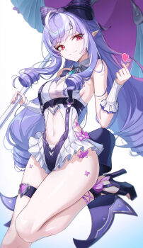 1girl absurdres ahoge bare_shoulders black_sandals bow breasts closed_mouth clothing_cutout finger_heart frilled_one-piece_swimsuit frills hair_bow hands_up high_heels highres holding holding_umbrella k0a leg_up long_hair looking_at_viewer medium_breasts multicolored_hair navel navel_cutout official_alternate_costume one-piece_swimsuit pointy_ears purple_hair red_eyes sandals smile solo stomach streaked_hair swimsuit thigh_strap thighs umbrella vivian_banshee vivian_banshee_(iris_of_the_shore) white_one-piece_swimsuit zenless_zone_zero