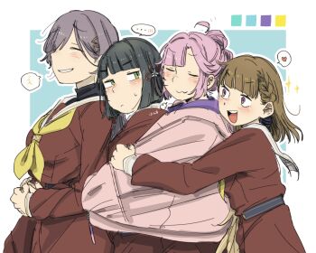 +++ ... 4girls 524ryo :d absurdres ahoge anyoji_hime black_hair blue_background blunt_bangs blunt_ends blush bob_cut border braid breasts brown_dress brown_hair center-flap_bangs closed_eyes commentary_request dress flower flower_knot green_eyes grey_hair hair_flower hair_ornament hasu_no_shoushihenkei hasu_no_sora_school_uniform heart highres hood hooded_jacket jacket jellyfish_cut kachimachi_kosuzu katsuragi_izumi link!_like!_love_live! long_hair long_sleeves love_live! medium_breasts momose_ginko multi-tied_hair multiple_girls neckerchief open_clothes open_jacket open_mouth outline outside_border pink_eyes pink_hair pink_jacket pleated_dress ponytail sailor_collar sailor_dress school_uniform shared_clothes shared_jacket short_hair side_braids sidelocks simple_background smile sparkle speech_bubble spoken_+++ spoken_ellipsis spoken_heart triangle_hair_ornament turtleneck upper_body virtual_youtuber white_border white_flower white_outline white_sailor_collar winter_uniform yellow_neckerchief