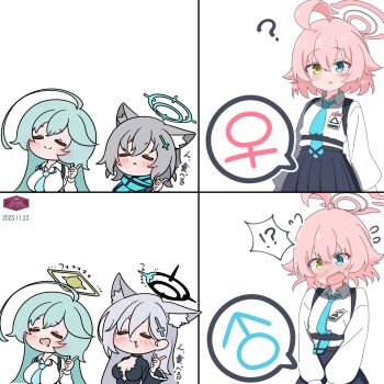 1boy 4girls ahoge animal_ears azumo_momo blue_archive blue_eyes blush genderswap genderswap_(ftm) halo heterochromia highres hoshino_(blue_archive) hoshino_(first_year)_(blue_archive) mars_symbol multiple_girls necktie pink_hair scarf shiroko_(blue_archive) shiroko_terror_(blue_archive) shirt speech_bubble spoken_mars_symbol spoken_venus_symbol venus_symbol white_shirt yellow_eyes yume_(blue_archive)