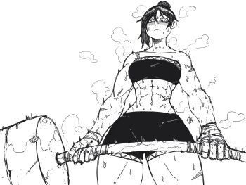 1girl abs absurdres asymmetrical_hair bandaged_hand bandages commentary english_commentary exercising greyscale hair_bun highres looking_down monochrome muscular muscular_female original scar sebinks shorts solo steam steaming_body stomach strapless sweat thighs tube_top very_sweaty weightlifting weights