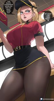 absurdres android_18 bending black_skirt blonde_hair blue_eyes blush breasts dragon_ball dragonball_z echo_saber english_text food highres holding holding_food mcdonald&#039;s pantyhose red_shirt shirt short_hair skirt thighs