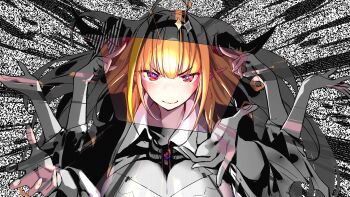 1girl ahoge bow breasts cleavage cleavage_cutout clothing_cutout collared_shirt diagonal-striped_bow dragon_girl dragon_horns echo_(vocaloid) extra_arms hairband highres hololive horns kiryu_coco kiryu_coco_(1st_costume) large_breasts long_hair orange_hair partially_colored pointy_ears shirt solo static striped_bow virtual_youtuber vocaloid yuyaiyaui