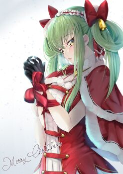 1girl absurdres alternate_costume alternate_hairstyle bell black_gloves bound bound_wrists bow budgiepon c.c. capelet christmas code_geass cowboy_shot dress eyelashes frilled_hairband frills from_side fur-trimmed_capelet fur_trim gloves green_hair hair_bell hair_between_eyes hair_bobbles hair_bow hair_ornament hairband hands_up highres long_hair looking_at_viewer merry_christmas nose open_mouth own_hands_together pom_pom_(clothes) red_bow red_hairband santa_capelet santa_costume santa_dress simple_background snowing solo straight_hair very_long_hair white_background yellow_eyes