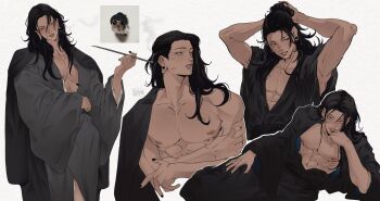 1boy abs artist_logo artist_name black_hair broad_shoulders collarbone djuney9 getou_suguru highres jujutsu_kaisen large_pectorals light_blush logo long_hair male_focus muscular muscular_male nipples parted_lips pectorals plug_(piercing) simple_background smile smoking tying_hair upper_body white_background