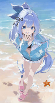 1girl absurdres ahoge anchor_(innocent_maid)_(nikke) anchor_(nikke) apron beach bikini black_bikini black_ribbon blue_bow blue_eyes blue_hair blue_jacket blue_nails bow frilled_bikini frills from_above giggling goddess_of_victory:_nikke hair_bow hair_intakes hair_ribbon hand_on_own_hip hand_to_own_mouth highres jacket leaning_forward long_hair long_sidelocks looking_at_viewer maid maid_bikini maid_headdress nail_polish open_mouth partially_unzipped ponytail ribbon sandals sidelocks slides smile standing starfish swimsuit toenail_polish toenails unconventional_maid very_long_hair waist_apron xuegao_ice