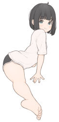 Rule 34 | 1girl, 1ssakawaguchi, absurdres, arched back, arm support, bare legs, barefoot, black shorts, blush, bob cut, closed mouth, dolphin shorts, from side, grey eyes, highres, ichika (1ssakawaguchi), looking at viewer, original, shirt, short hair, short shorts, short sleeves, shorts, simple background, smile, solo, split, thighs, toes, white background, white shirt