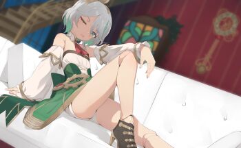 1girl absurdres ascot breasts cecilia_immergreen commentary couch detached_collar detached_sleeves doll_joints green_hair grey_hair highres hololive hololive_english indoors joints knee_up long_sleeves multicolored_hair on_couch open_mouth recklessdraw red_ascot short_hair short_shorts shorts sitting small_breasts solo streaked_hair teeth upper_teeth_only virtual_youtuber white_shorts